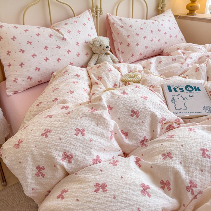 91家纺网 家纺一手货源 找家纺 梦舒阳家纺 新款泡芙棉双层纱四件套皱皱纱四季款泡芙纱四件套现货充足 若梦