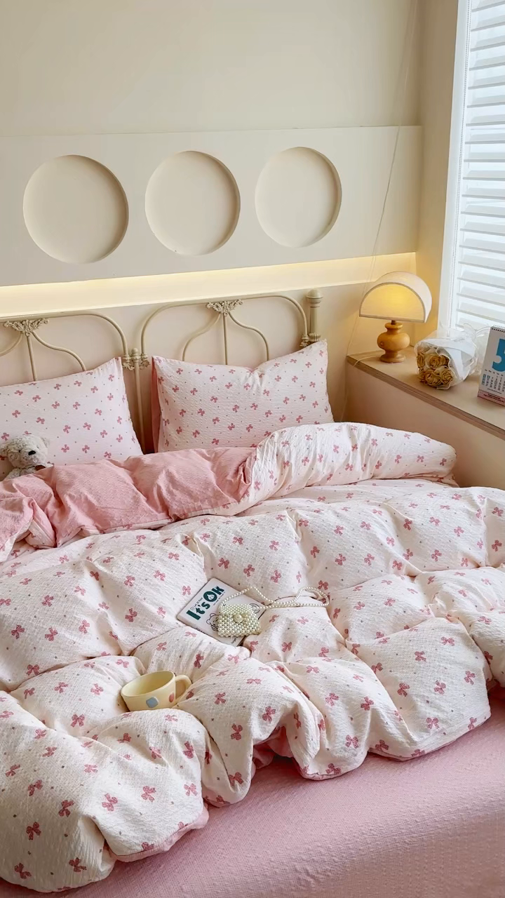 91家纺网 家纺一手货源 找家纺 梦舒阳家纺 新款泡芙棉双层纱四件套皱皱纱四季款泡芙纱四件套现货充足 若梦