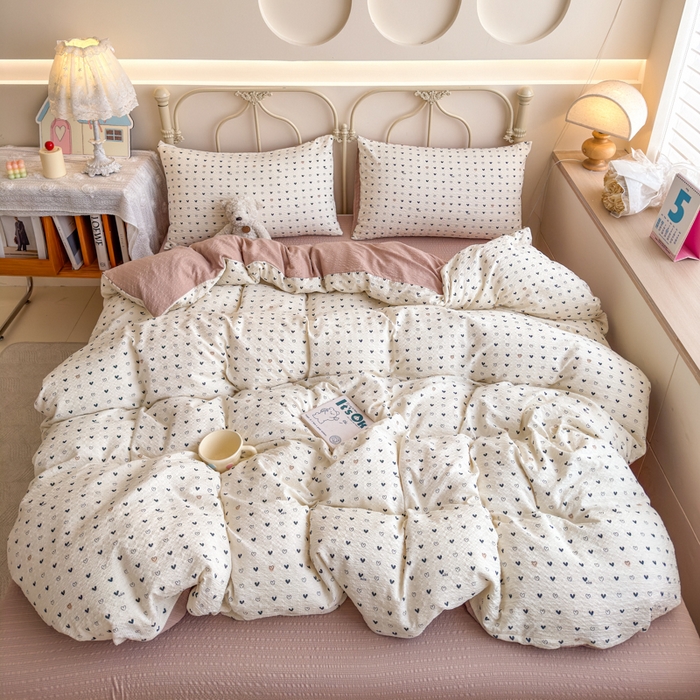 91家纺网 家纺一手货源 找家纺 梦舒阳家纺 新款泡芙棉双层纱四件套皱皱纱四季款泡芙纱四件套现货充足 心相印