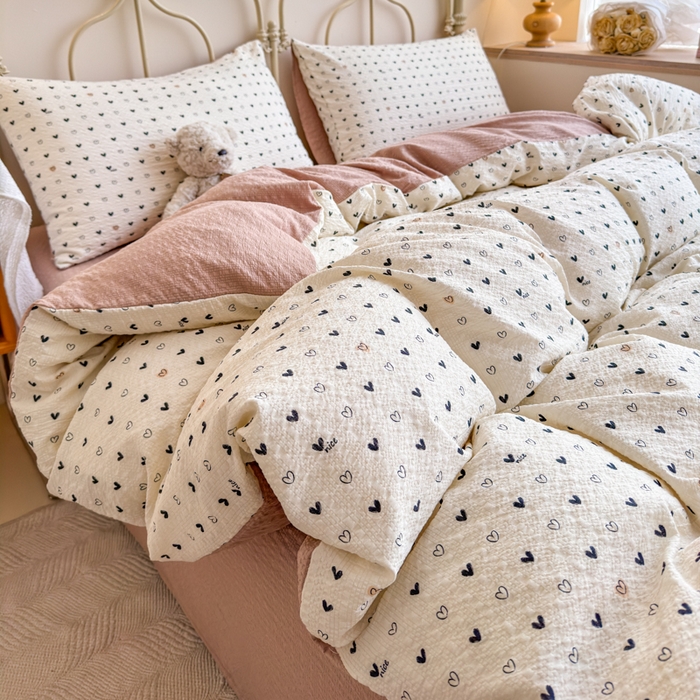 91家纺网 家纺一手货源 找家纺 梦舒阳家纺 新款泡芙棉双层纱四件套皱皱纱四季款泡芙纱四件套现货充足 心相印