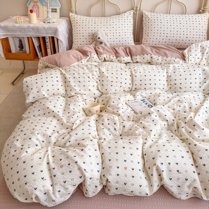 91家纺网 家纺一手货源 找家纺 梦舒阳家纺 新款泡芙棉双层纱四件套皱皱纱四季款泡芙纱四件套现货充足 心相印