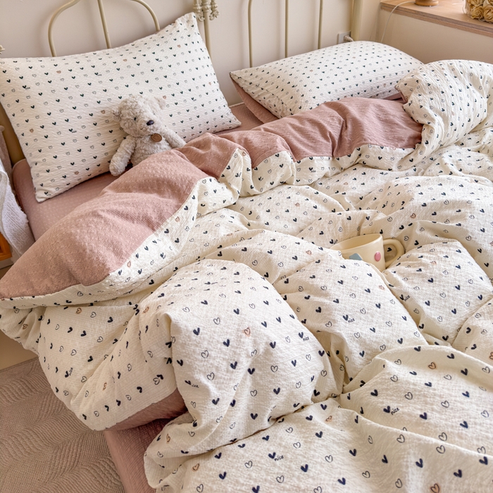 91家纺网 家纺一手货源 找家纺 梦舒阳家纺 新款泡芙棉双层纱四件套皱皱纱四季款泡芙纱四件套现货充足 心相印