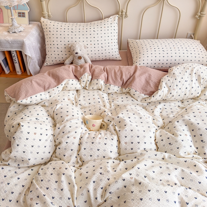 91家纺网 家纺一手货源 找家纺 梦舒阳家纺 新款泡芙棉双层纱四件套皱皱纱四季款泡芙纱四件套现货充足 心相印