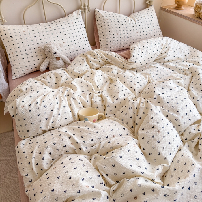 91家纺网 家纺一手货源 找家纺 梦舒阳家纺 新款泡芙棉双层纱四件套皱皱纱四季款泡芙纱四件套现货充足 心相印