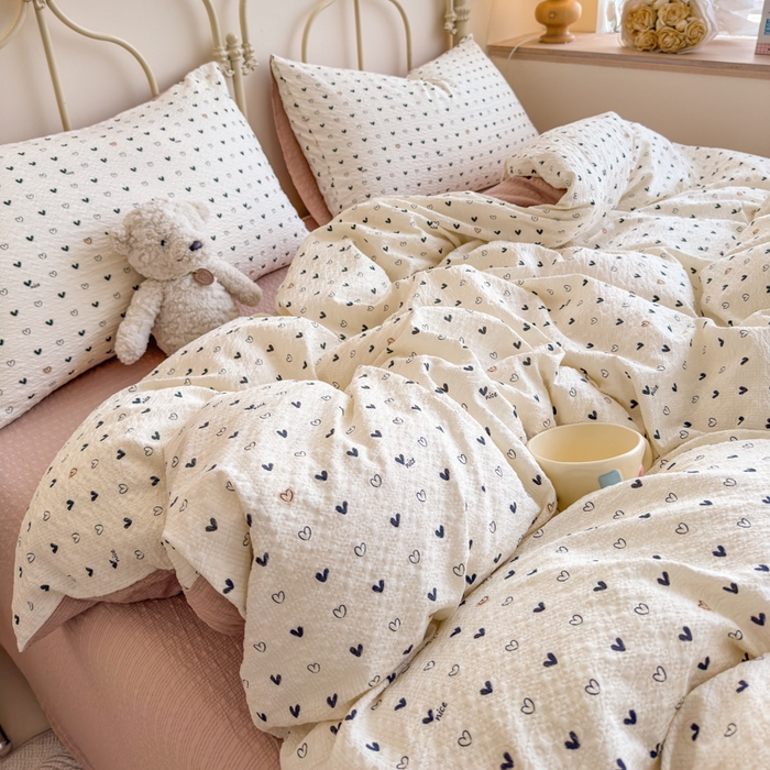 91家纺网 家纺一手货源 找家纺 梦舒阳家纺 新款泡芙棉双层纱四件套皱皱纱四季款泡芙纱四件套现货充足 心相印