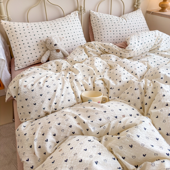 91家纺网 家纺一手货源 找家纺 梦舒阳家纺 新款泡芙棉双层纱四件套皱皱纱四季款泡芙纱四件套现货充足 心相印