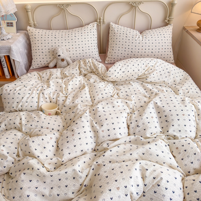 91家纺网 家纺一手货源 找家纺 梦舒阳家纺 新款泡芙棉双层纱四件套皱皱纱四季款泡芙纱四件套现货充足 心相印
