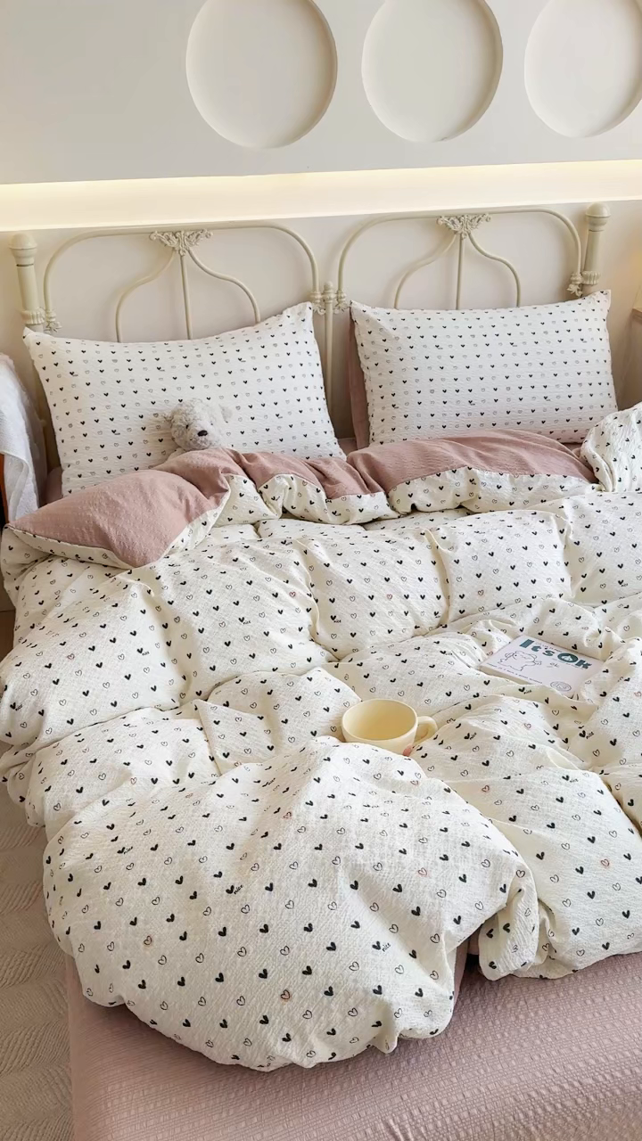 91家纺网 家纺一手货源 找家纺 梦舒阳家纺 新款泡芙棉双层纱四件套皱皱纱四季款泡芙纱四件套现货充足 心相印