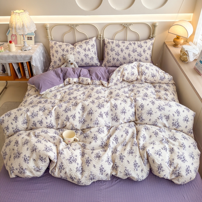 91家纺网 家纺一手货源 找家纺 梦舒阳家纺 新款泡芙棉双层纱四件套皱皱纱四季款泡芙纱四件套现货充足 芸汐