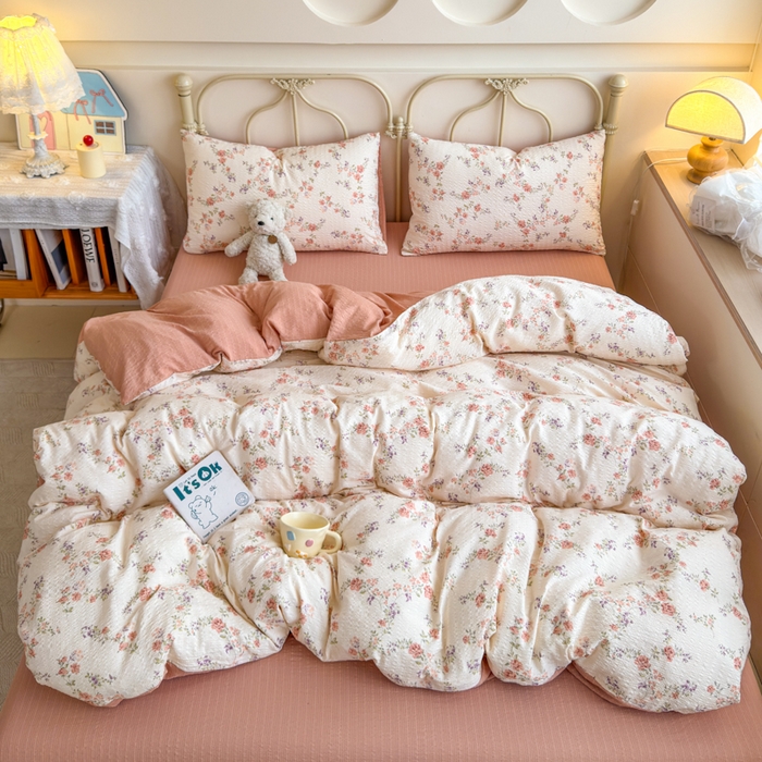 91家纺网 家纺一手货源 找家纺 （总）梦舒阳家纺 新款泡芙棉双层纱四件套皱皱纱四季款泡芙纱四件套现货充足