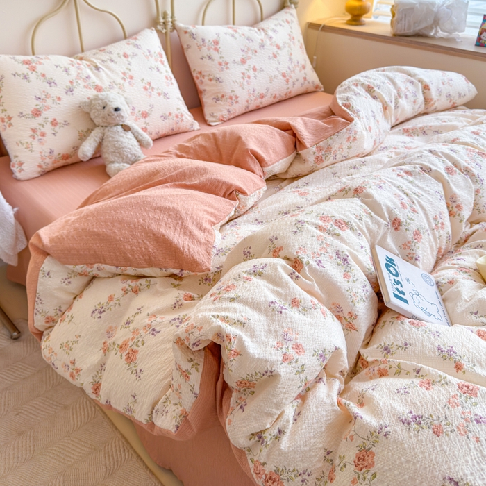 91家纺网 家纺一手货源 找家纺 （总）梦舒阳家纺 新款泡芙棉双层纱四件套皱皱纱四季款泡芙纱四件套现货充足