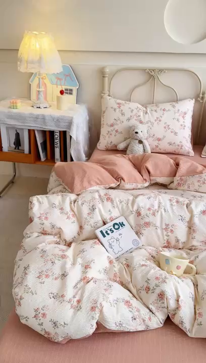 91家纺网 家纺一手货源 找家纺 （总）梦舒阳家纺 新款泡芙棉双层纱四件套皱皱纱四季款泡芙纱四件套现货充足