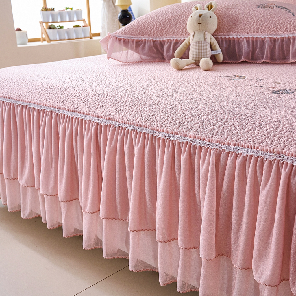 91家纺网 家纺一手货源 找家纺 莱家富 2026新款A类凉感豆豆席凉席席子-床裙款 清夏玫瑰粉色