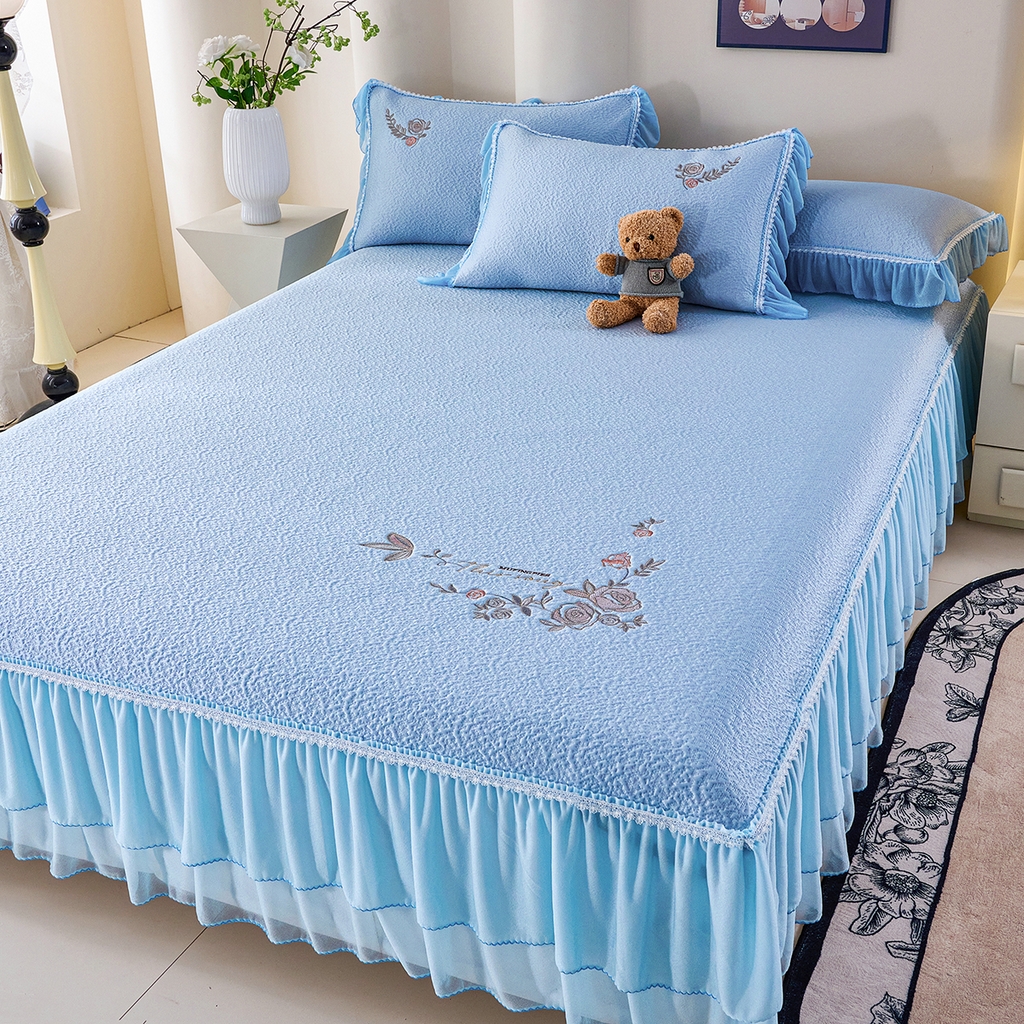 91家纺网 家纺一手货源 找家纺 莱家富 2026新款A类凉感豆豆席凉席席子-床裙款 清夏玫瑰蓝色