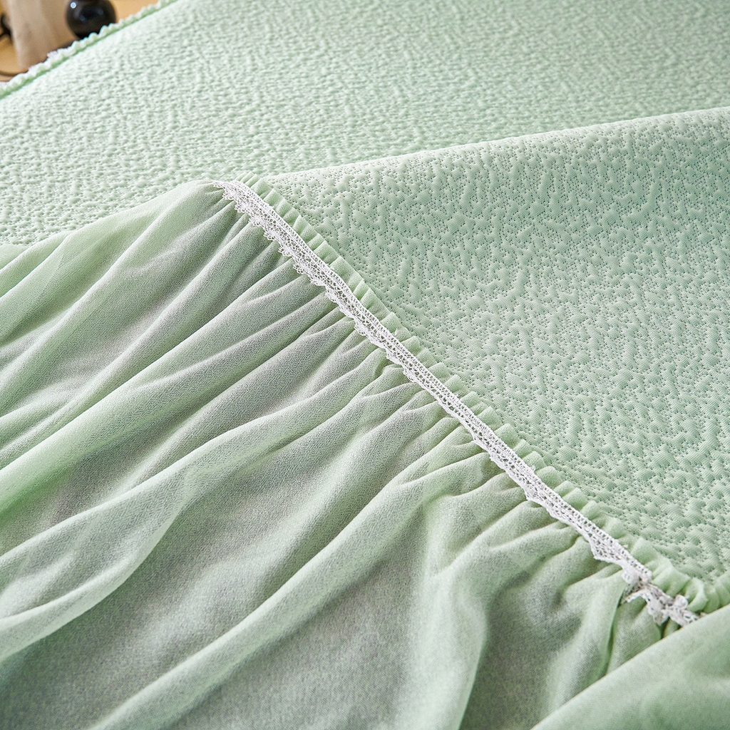 91家纺网 家纺一手货源 找家纺 莱家富 2026新款A类凉感豆豆席凉席席子-床裙款 清夏玫瑰绿色
