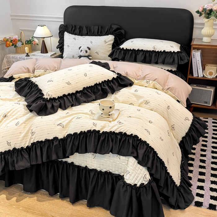 91家纺网 家纺一手货源 找家纺 云木里 2026新款古法水洗棉印花床盖四件套 黑蝴蝶