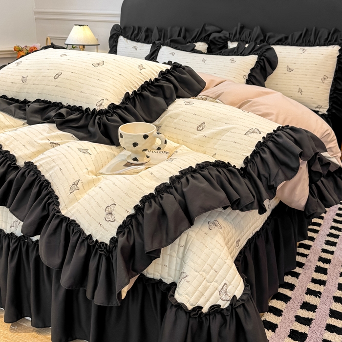 云木里 2026新款古法水洗棉印花床盖四件套 黑蝴蝶