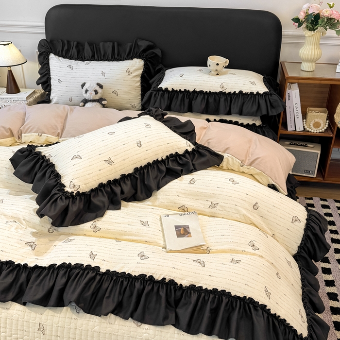 91家纺网 家纺一手货源 找家纺 云木里 2026新款古法水洗棉印花床盖四件套 黑蝴蝶