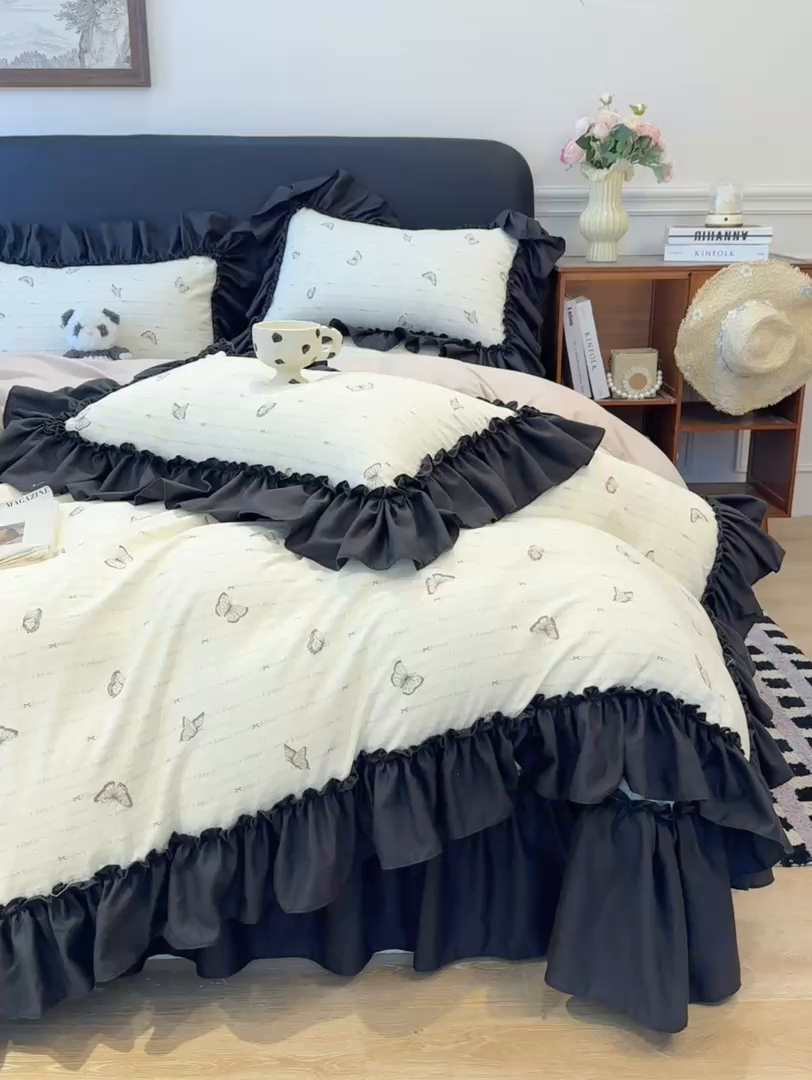 91家纺网 家纺一手货源 找家纺 云木里 2026新款古法水洗棉印花床盖四件套 黑蝴蝶