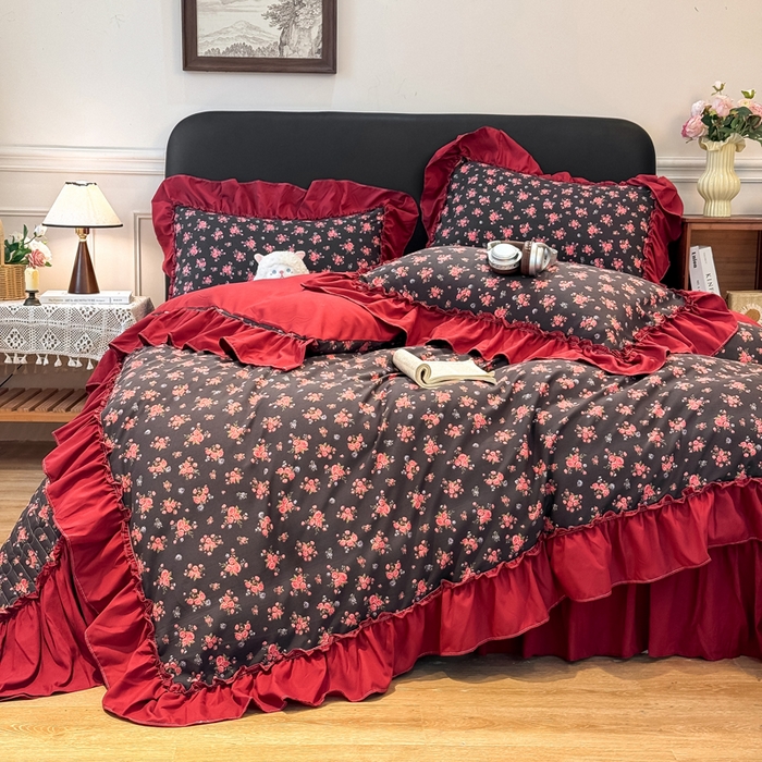 91家纺网 家纺一手货源 找家纺 云木里 2026新款古法水洗棉印花床盖四件套 花季