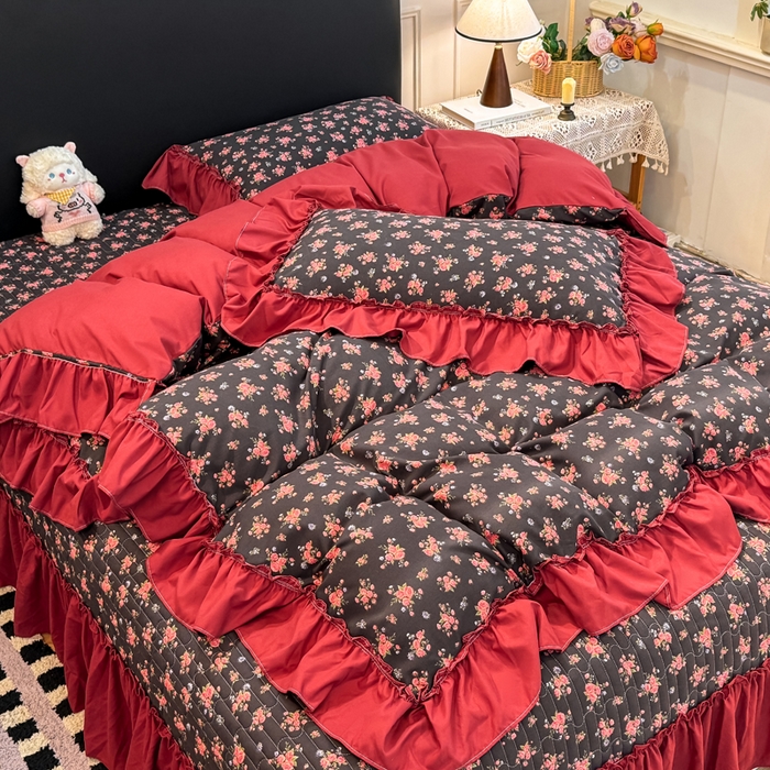 91家纺网 家纺一手货源 找家纺 云木里 2026新款古法水洗棉印花床盖四件套 花季