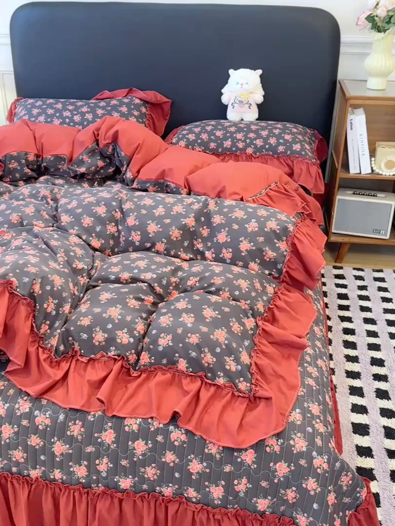 91家纺网 家纺一手货源 找家纺 云木里 2026新款古法水洗棉印花床盖四件套 花季