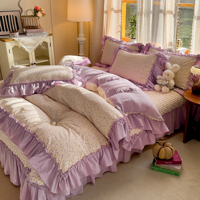 91家纺网 家纺一手货源 找家纺 云木里 2026新款古法水洗棉印花床盖四件套 花影浅吟