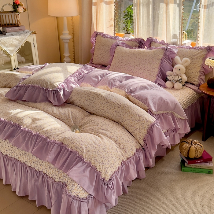 91家纺网 家纺一手货源 找家纺 云木里 2026新款古法水洗棉印花床盖四件套 花影浅吟