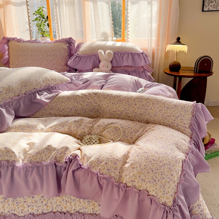 91家纺网 家纺一手货源 找家纺 云木里 2026新款古法水洗棉印花床盖四件套 花影浅吟