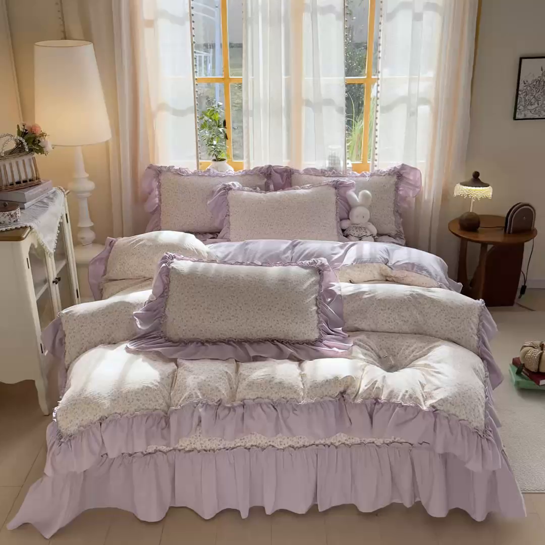 91家纺网 家纺一手货源 找家纺 云木里 2026新款古法水洗棉印花床盖四件套 花影浅吟