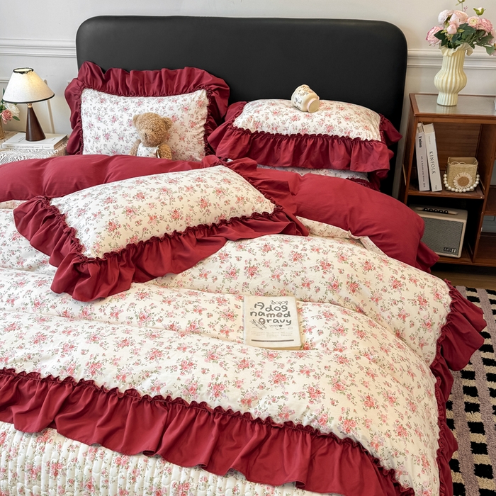 91家纺网 家纺一手货源 找家纺 云木里 2026新款古法水洗棉印花床盖四件套 花则喜