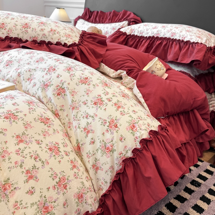 91家纺网 家纺一手货源 找家纺 云木里 2026新款古法水洗棉印花床盖四件套 花则喜