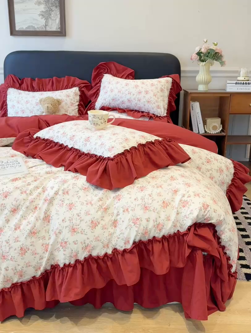 91家纺网 家纺一手货源 找家纺 云木里 2026新款古法水洗棉印花床盖四件套 花则喜