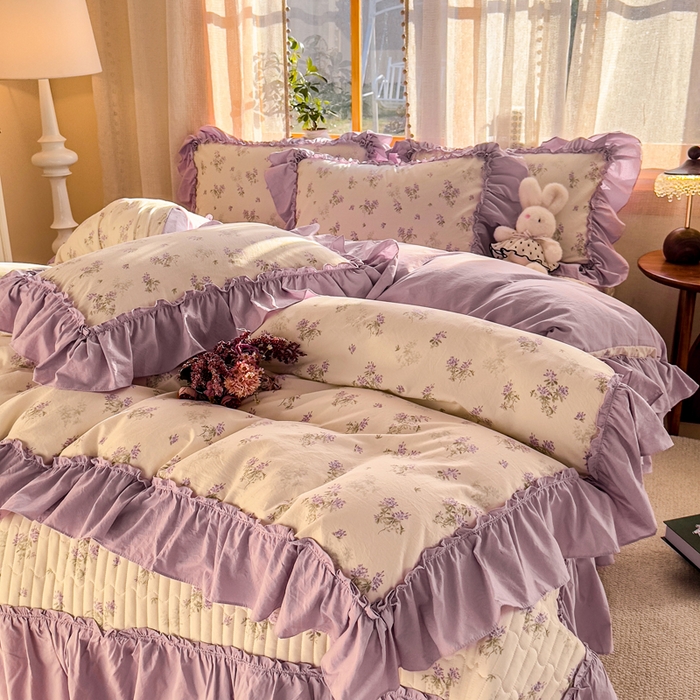 91家纺网 家纺一手货源 找家纺 云木里 2026新款古法水洗棉印花床盖四件套 槿上花开