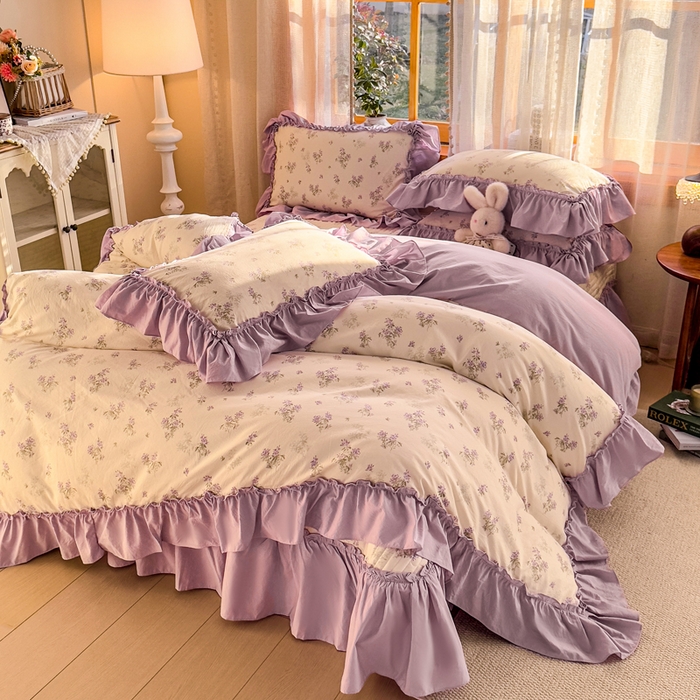 91家纺网 家纺一手货源 找家纺 云木里 2026新款古法水洗棉印花床盖四件套 槿上花开