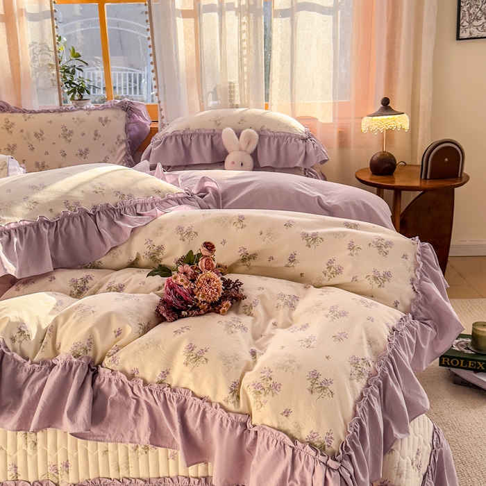 91家纺网 家纺一手货源 找家纺 云木里 2026新款古法水洗棉印花床盖四件套 槿上花开