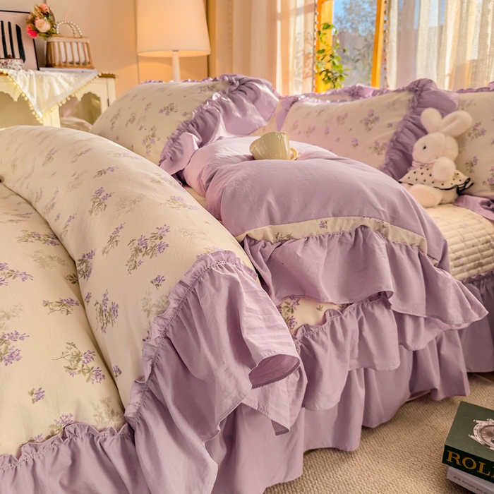 91家纺网 家纺一手货源 找家纺 云木里 2026新款古法水洗棉印花床盖四件套 槿上花开