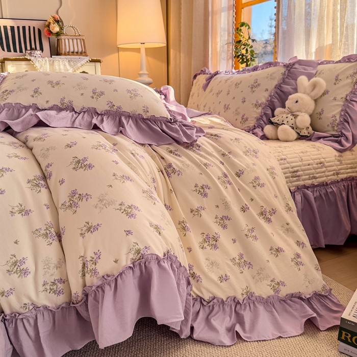 91家纺网 家纺一手货源 找家纺 云木里 2026新款古法水洗棉印花床盖四件套 槿上花开