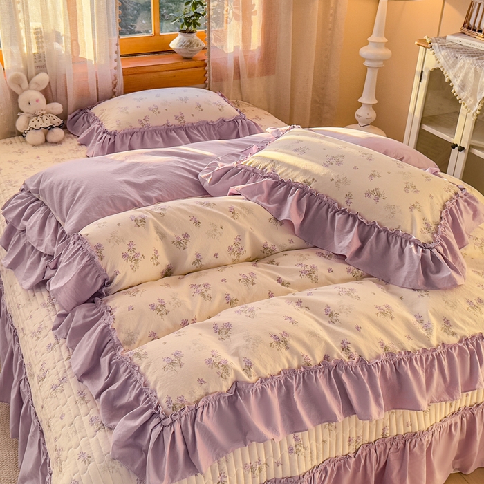 91家纺网 家纺一手货源 找家纺 云木里 2026新款古法水洗棉印花床盖四件套 槿上花开