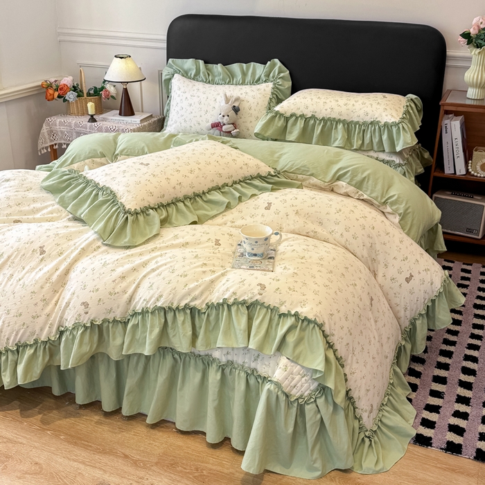 91家纺网 家纺一手货源 找家纺 云木里 2026新款古法水洗棉印花床盖四件套 林间小兔