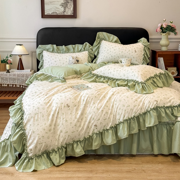 91家纺网 家纺一手货源 找家纺 云木里 2026新款古法水洗棉印花床盖四件套 林间小兔