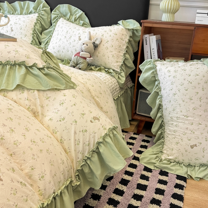 91家纺网 家纺一手货源 找家纺 云木里 2026新款古法水洗棉印花床盖四件套 林间小兔