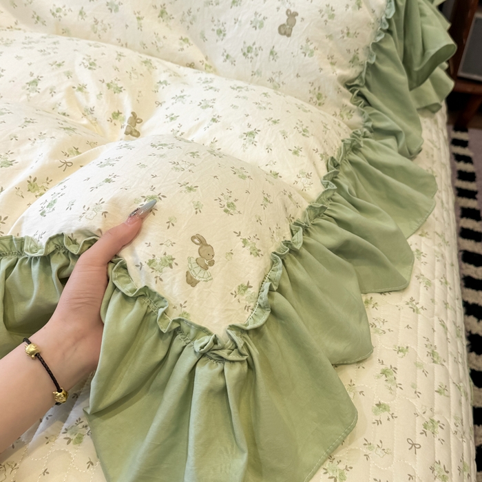 91家纺网 家纺一手货源 找家纺 云木里 2026新款古法水洗棉印花床盖四件套 林间小兔