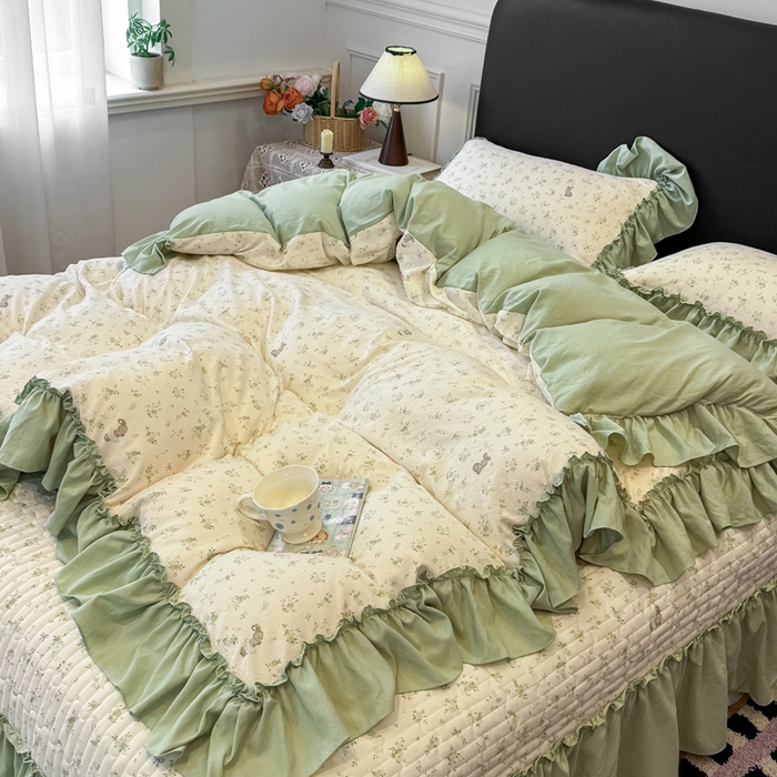 91家纺网 家纺一手货源 找家纺 云木里 2026新款古法水洗棉印花床盖四件套 林间小兔