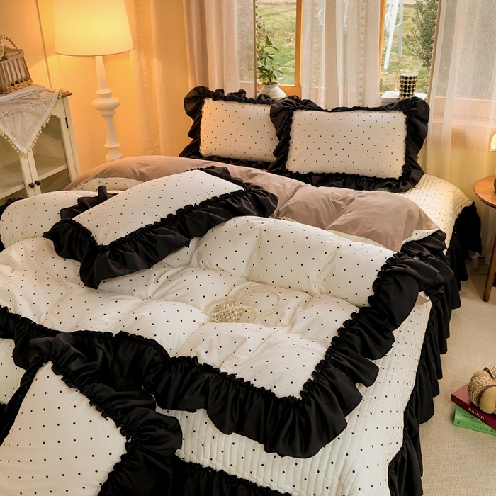 91家纺网 家纺一手货源 找家纺 云木里 2026新款古法水洗棉印花床盖四件套 小波点