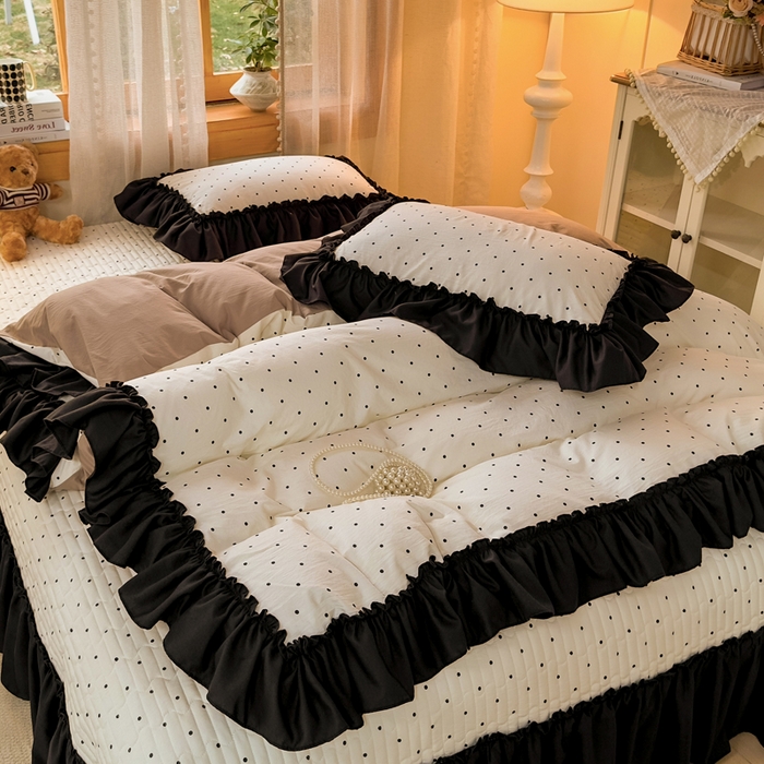 91家纺网 家纺一手货源 找家纺 云木里 2026新款古法水洗棉印花床盖四件套 小波点