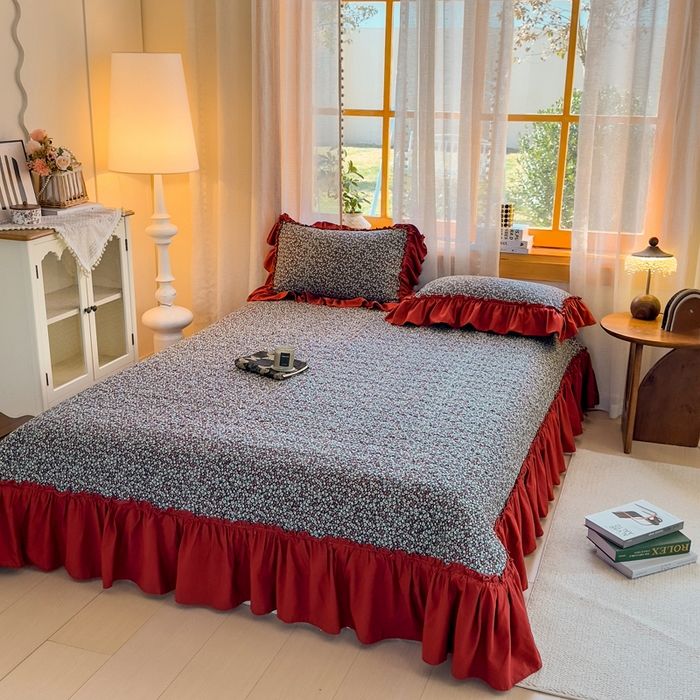 91家纺网 家纺一手货源 找家纺 云木里 2026新款古法水洗棉印花床盖四件套 野牧红