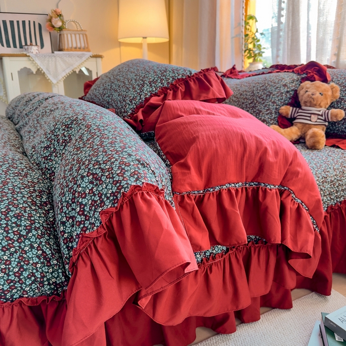 91家纺网 家纺一手货源 找家纺 云木里 2026新款古法水洗棉印花床盖四件套 野牧红