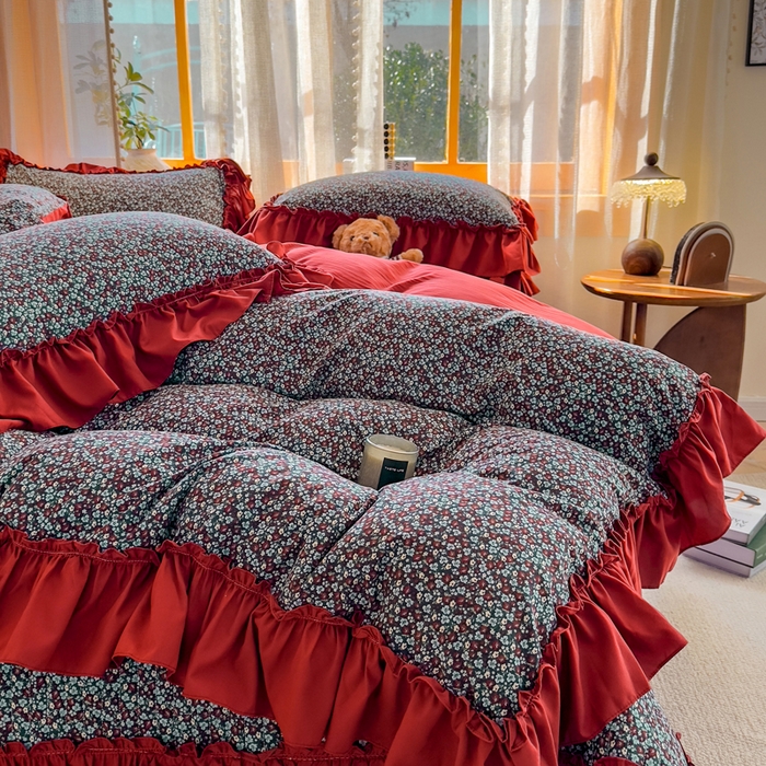 91家纺网 家纺一手货源 找家纺 云木里 2026新款古法水洗棉印花床盖四件套 野牧红