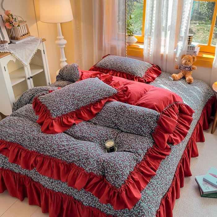 91家纺网 家纺一手货源 找家纺 云木里 2026新款古法水洗棉印花床盖四件套 野牧红